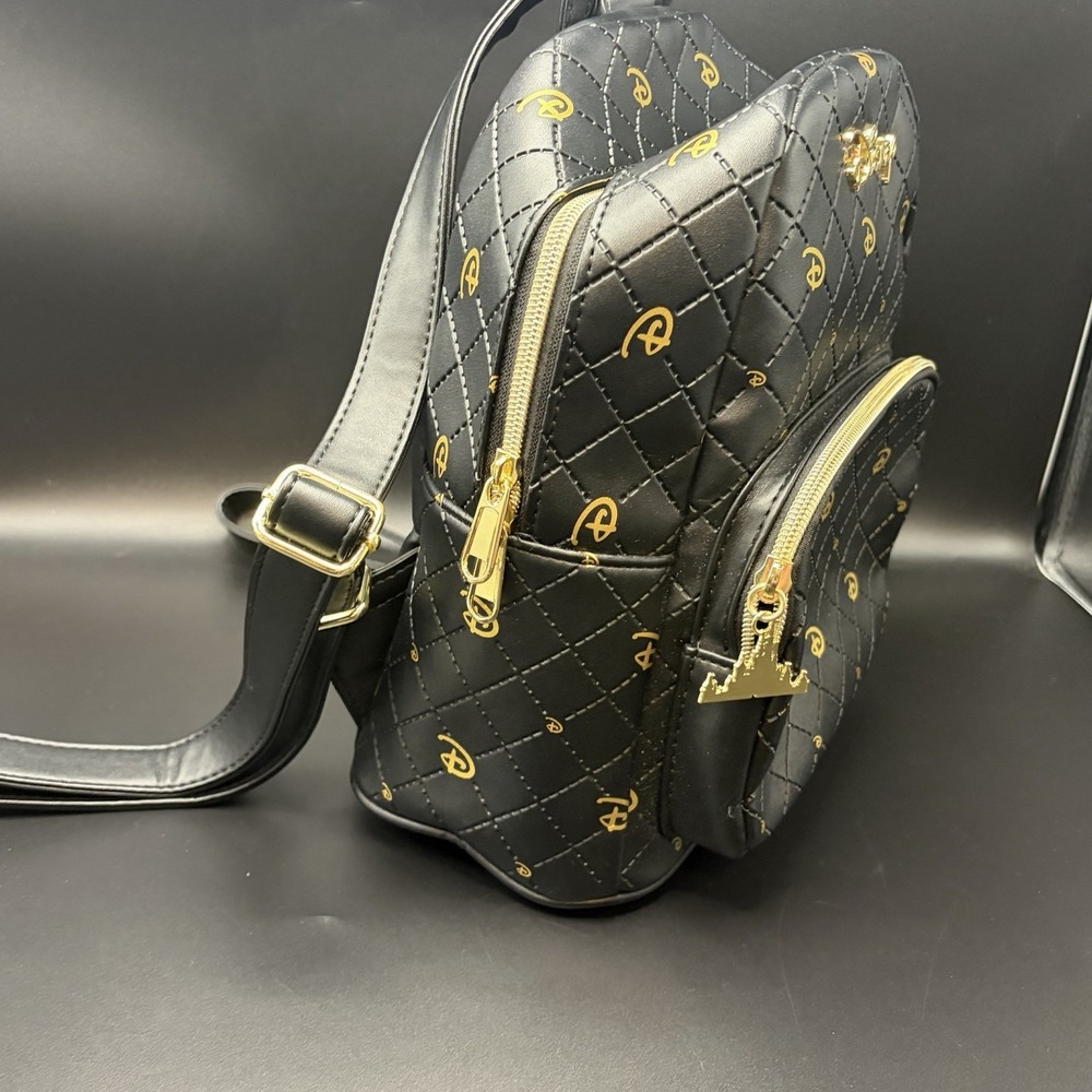 Disney Loungefly Mickey Mouse Mini Backpack Black Gold Quilted Faux Leather - Picture 5 of 16